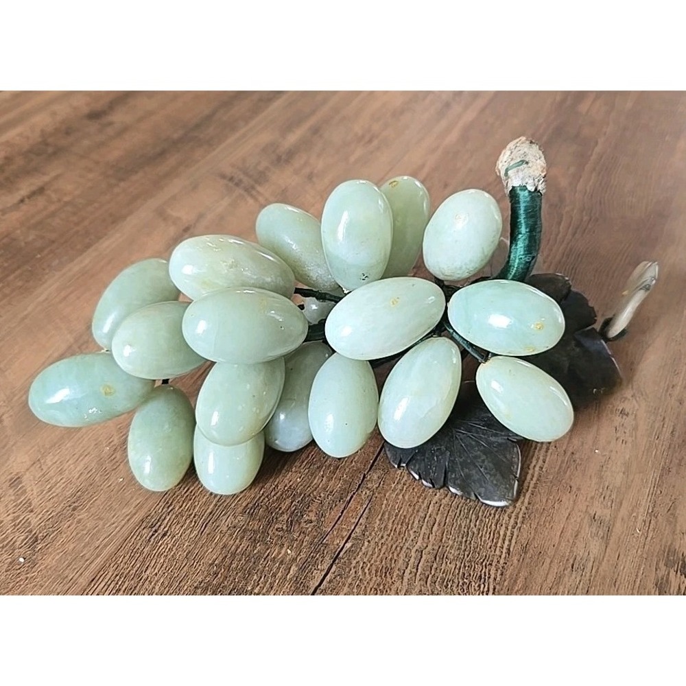 Vintage MCM Chinese Carved Natural Stone Green Grape Cluster Jade With Leaves